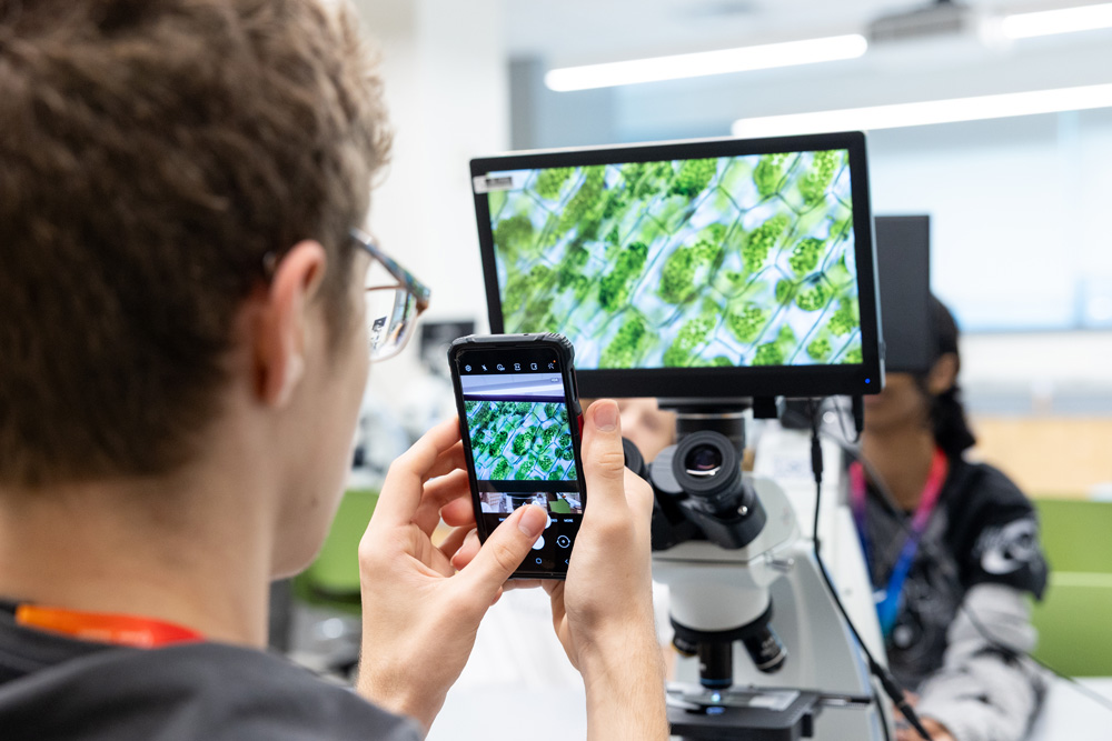 A person holds a smartphone to photograph a microscope display showing a magnified image of green plant cells.
