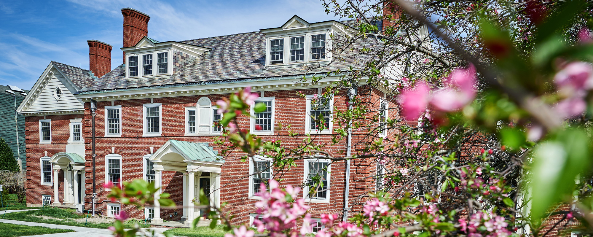 A brick building with a blooming tree in the foreground.