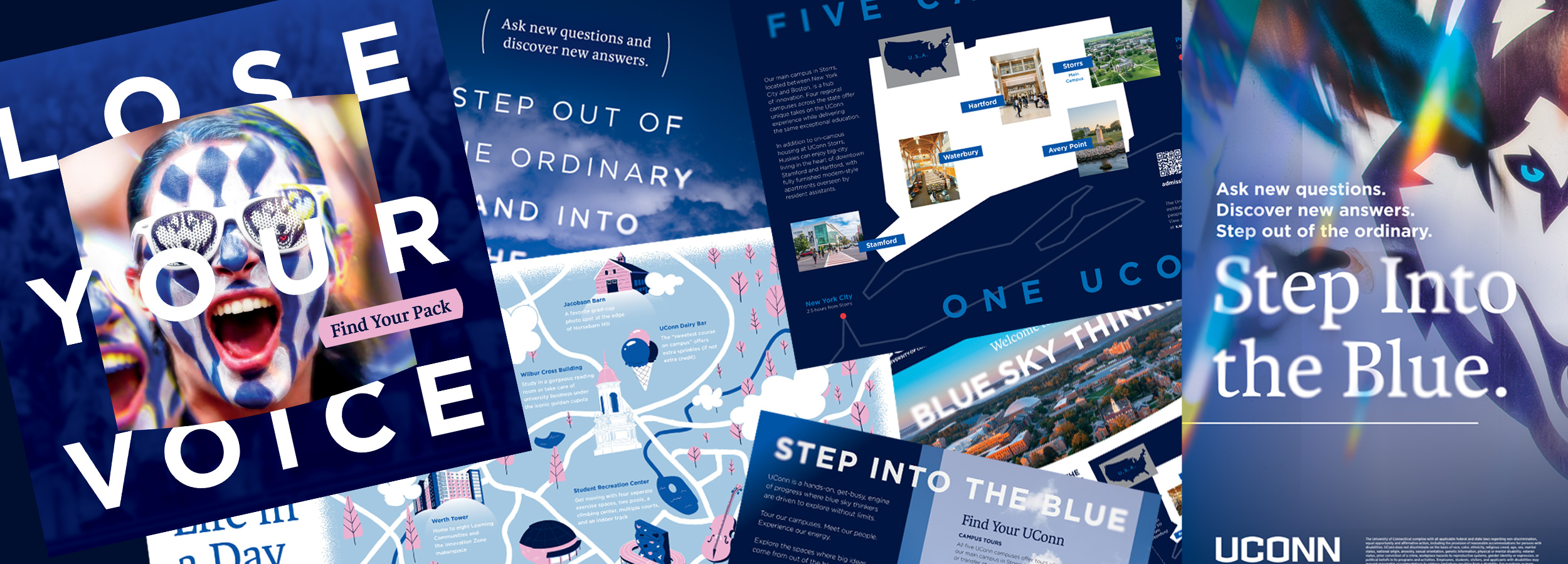 Collage of UConn admissions marketing materials featuring blue-themed graphics, campus imagery, and slogans like “Lose Your Voice” and “Step Into the Blue.”