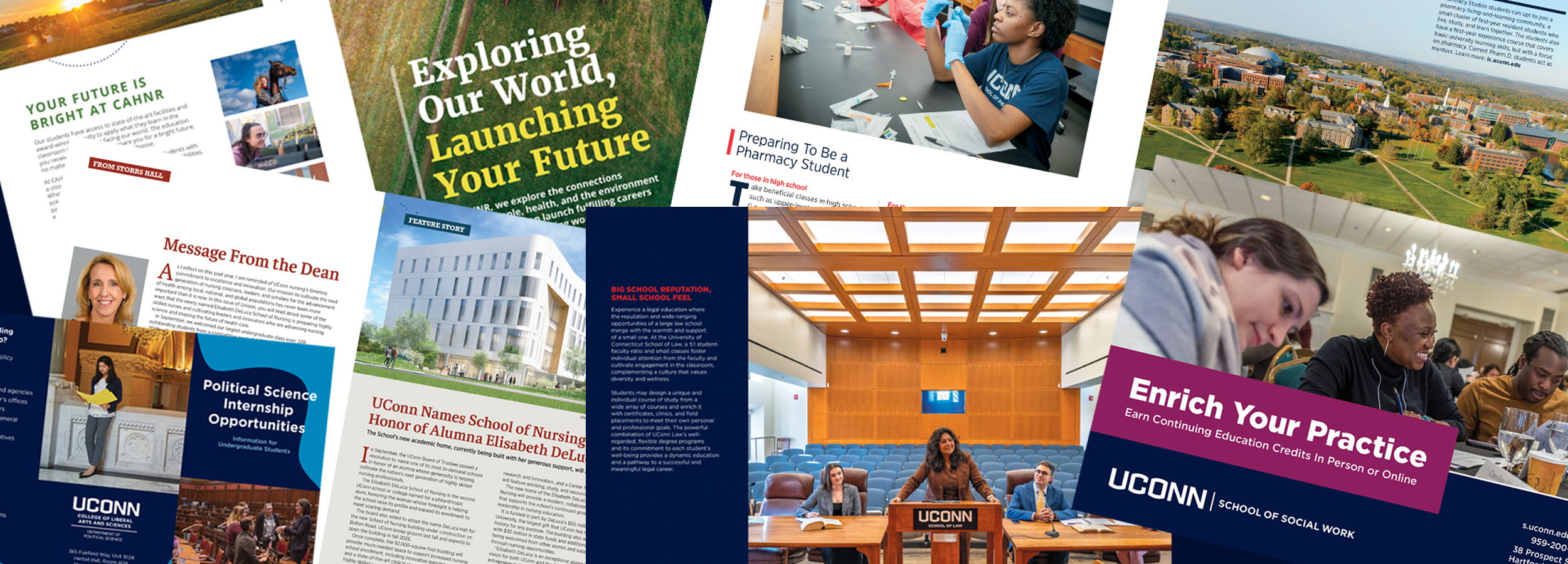 A visual collage of print materials created for UConn school and colleges.